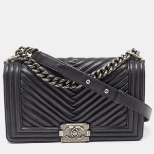 Chanel Black Chevron Pleated Leather Medium Boy Flap Bag, Shoulder Bags - Luxury Closet catalog