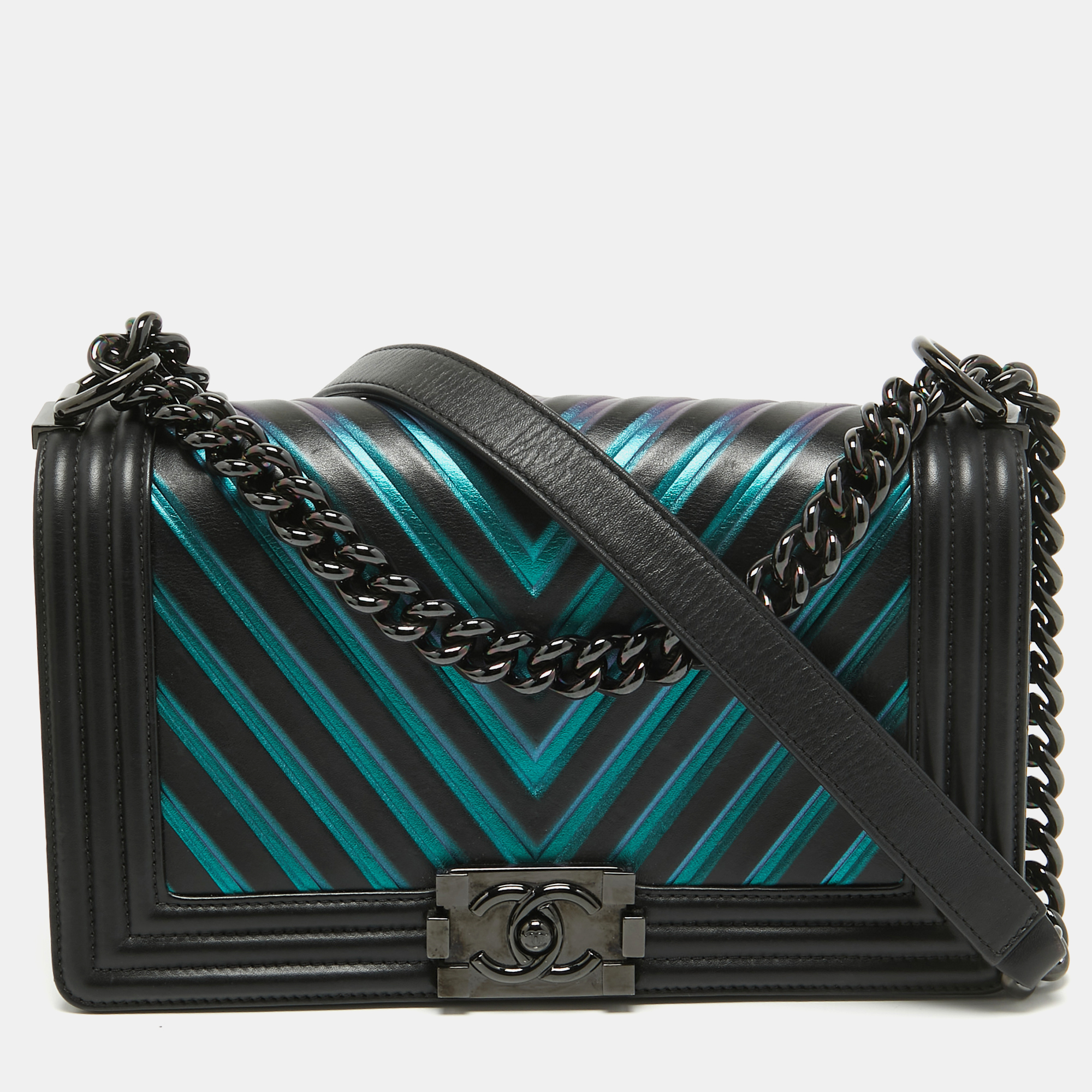 Chanel Black/Holographic Chevron Leather Medium Boy Flap Bag, Shoulder Bags - Luxury Closet catalog