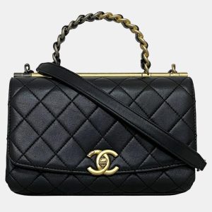 Chanel  Black Quilted Lambskin Leather Small Classic Top Handle Flap Bag, Shoulder Bags - Luxury Closet catalog