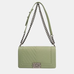 Chanel Green Chevron Leather Medium Boy Flap Bag, Shoulder Bags - Luxury Closet catalog
