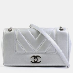 Chanel Silver Metallic Leather Chevron Mademoiselle Vintage Flap Bag, Handbags - Luxury Closet catalog