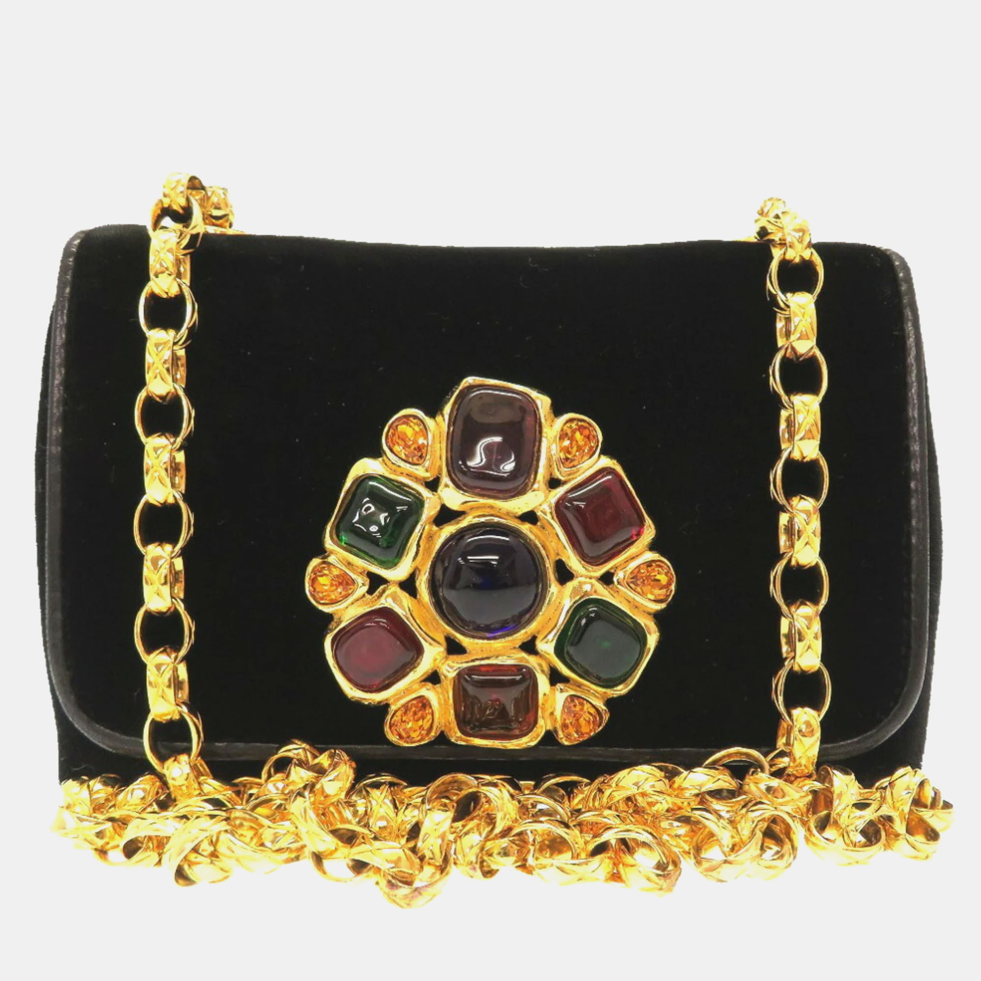 Chanel Black Suede Multicolor Stone Gold Chain Shoulder Bag, Shoulder Bags - Luxury Closet catalog