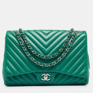 Chanel Green Chevron Leather Maxi Classic Single Flap Bag, Shoulder Bags - Luxury Closet catalog