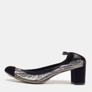 Chanel Silver/Purple Leather and Velvet CC Cap Toe Scrunch Block Heel Pumps Size 38.5, Pumps - Luxury Closet catalog