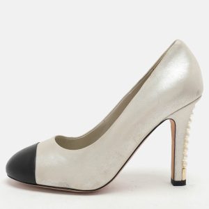 Chanel Silver/Black Leather Cap Toe Embellished Pumps Size 40, Pumps - Luxury Closet catalog