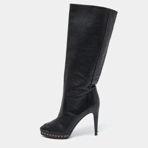 Chanel Black Leather CC Chain Link Platform Knee Length Boots Size 39, Boots - Luxury Closet catalog
