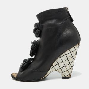 Chanel Black Leather CC Camellia Ankle Cork Wedge Boots Size 39, Boots - Luxury Closet catalog