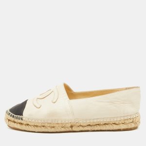 Chanel Off White/Black Leather and Canvas CC Cap Toe Espadrille Flats Size 38, Flats - Luxury Closet catalog