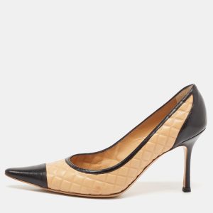 Chanel Black/Beige Leather Pointed Toe Pumps Size 37.5, Pumps - Luxury Closet catalog
