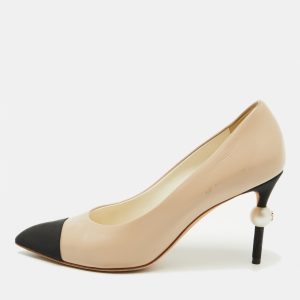 Chanel Beige/Black Leather and Canvas Faux Pearl Cap Toe Pumps Size 38, Pumps - Luxury Closet catalog