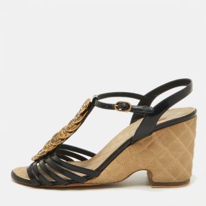 Chanel Black Patent Leather CC Coin T-Strap Wedge Sandals Size 39, Sandals - Luxury Closet catalog