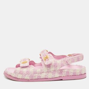 Chanel Pink/White Tweed and Leather CC Dad Flat Sandals Size 38.5, Sandals - Luxury Closet catalog