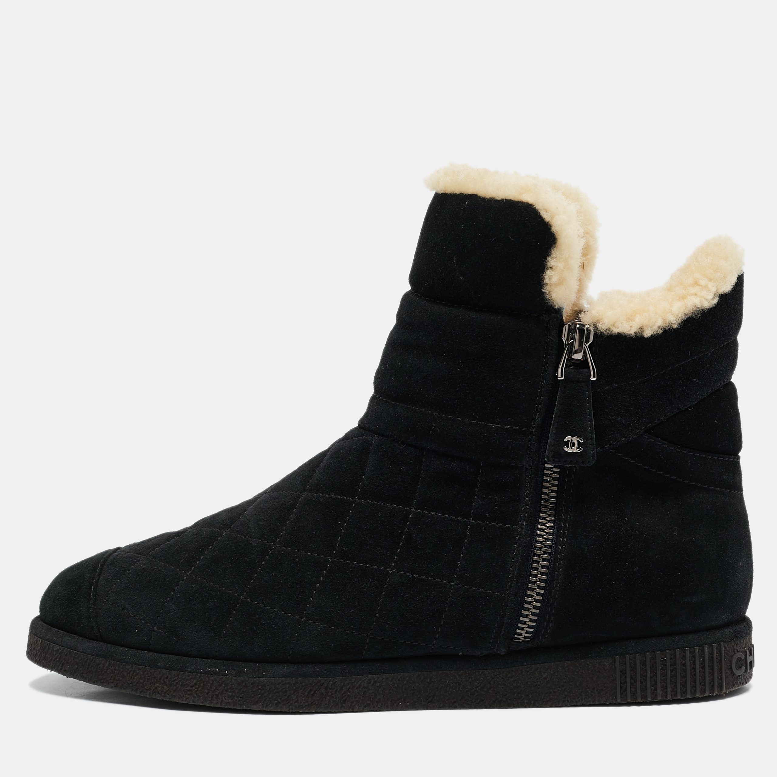 Chanel Black Suede and Shearling Ankle Boots Size 38, Boots - Luxury Closet catalog