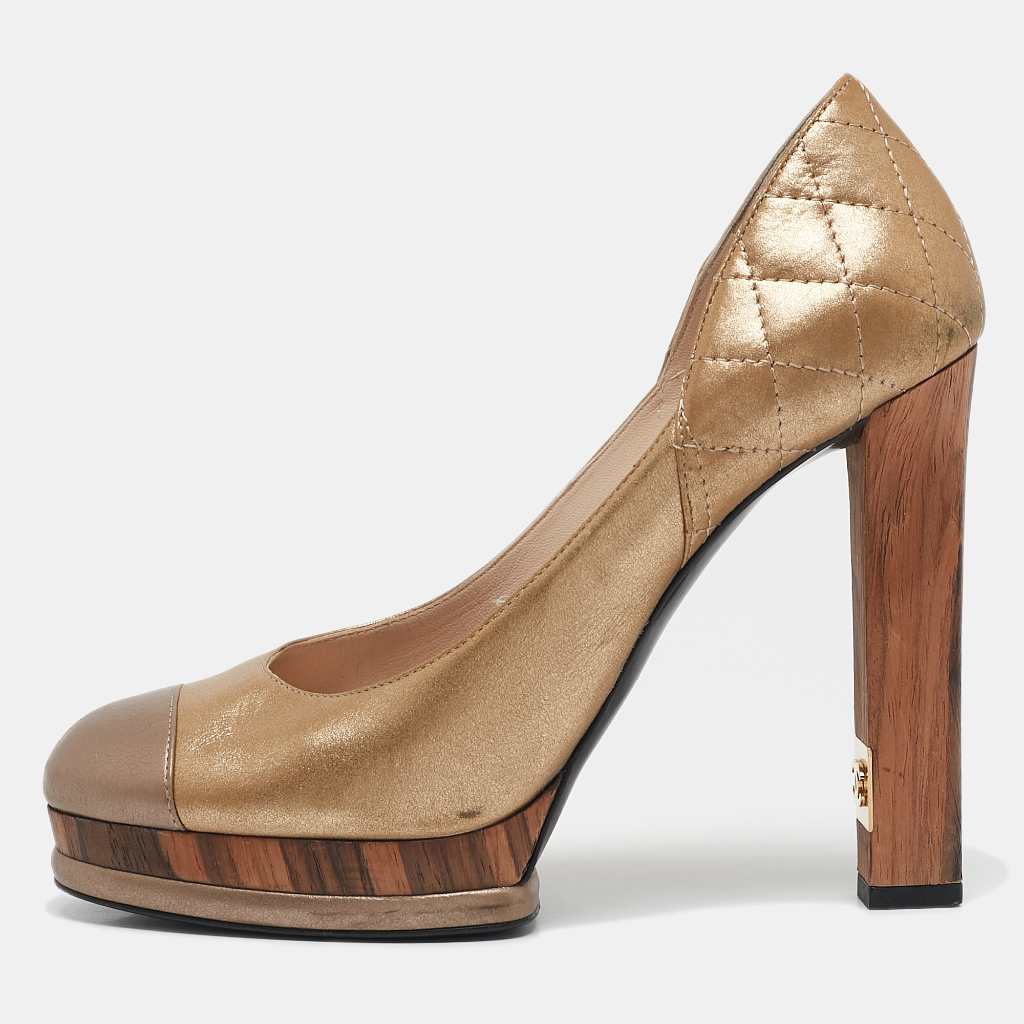 Chanel Metallic Gold/Bronze Quilted Leather CC Platform Pumps Size 38, Pumps - Luxury Closet catalog