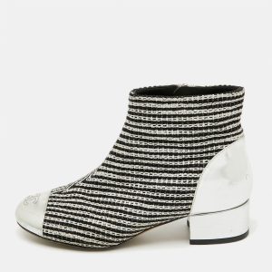 Chanel Silver/Black Leather and Tweed Ankle Length Boots Size 35.5, Boots - Luxury Closet catalog