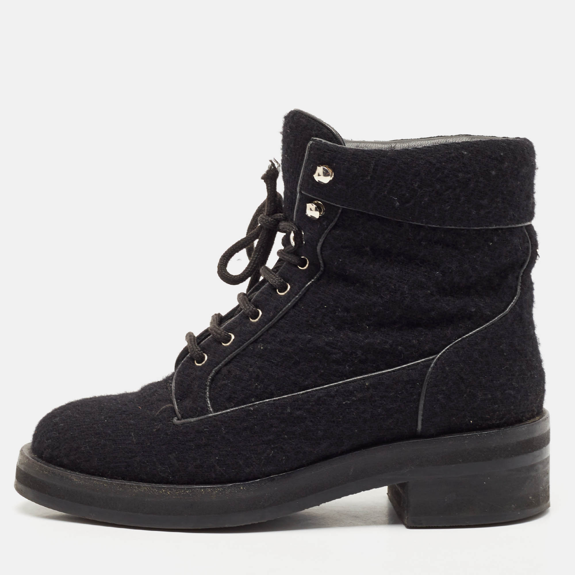 Chanel Black Wool CC Combat Boots Size 37, Boots - Luxury Closet catalog