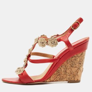 Chanel Red Leather Floral Metal CC Cork Wedge Sandals Size 38, Sandals - Luxury Closet catalog