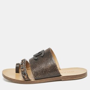 Chanel Brown Textured Leather Chain Link CC Toe Ring Slides Size 36, Sandals - Luxury Closet catalog