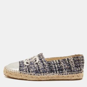 Chanel Silver/Blue Leather And Tweed CC Cap Toe Espadrille Flats Size 38, Flats - Luxury Closet catalog