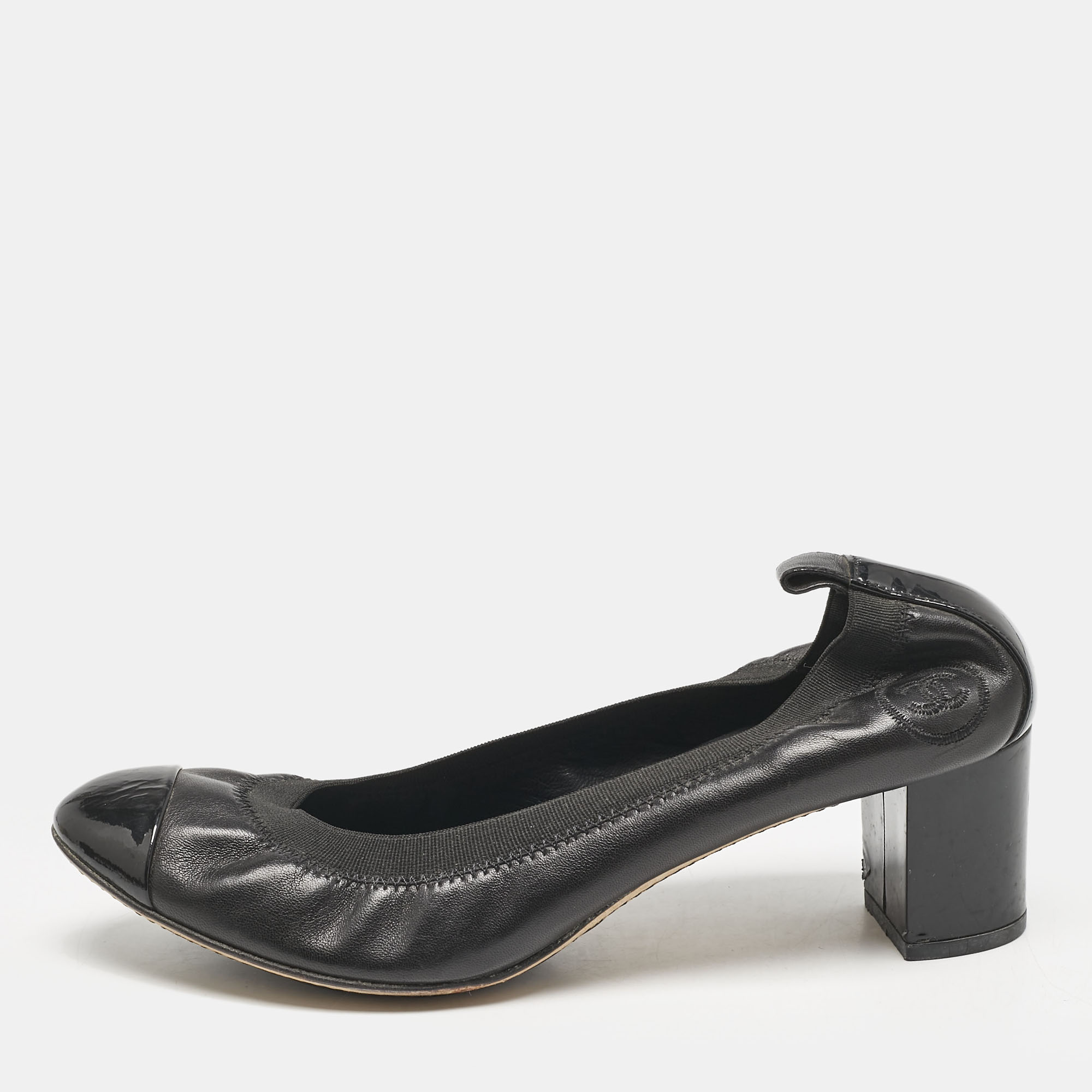 Chanel Black Leather Cap Toe Scrunch Block Heel Pumps Size 39, Pumps - Luxury Closet catalog