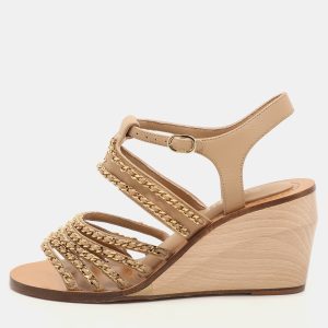 Chanel Beige Leather Chain Embellished Wedge Sandals Size 37, Sandals - Luxury Closet catalog