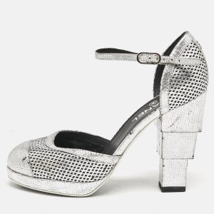 Chanel Silver Laser Cut Leather CC Platform Ankle Strap Pumps Size 38.5, Pumps - Luxury Closet catalog