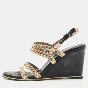 Chanel Metallic Woven Leather Ankle Strap Wedge Sandals Size 37.5, Sandals - Luxury Closet catalog