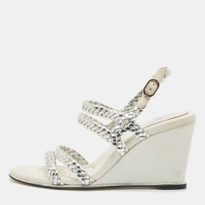 Chanel Silver Woven Leather Ankle Strap Wedge Sandals Size 36.5, Sandals - Luxury Closet catalog