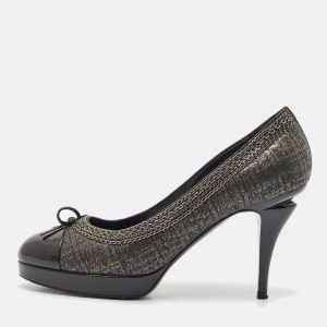 Chanel Black Lurex Fabric and Patent Leather Bow CC Cap Toe Chain Platform Pumps Size 38.5, Pumps - Luxury Closet catalog