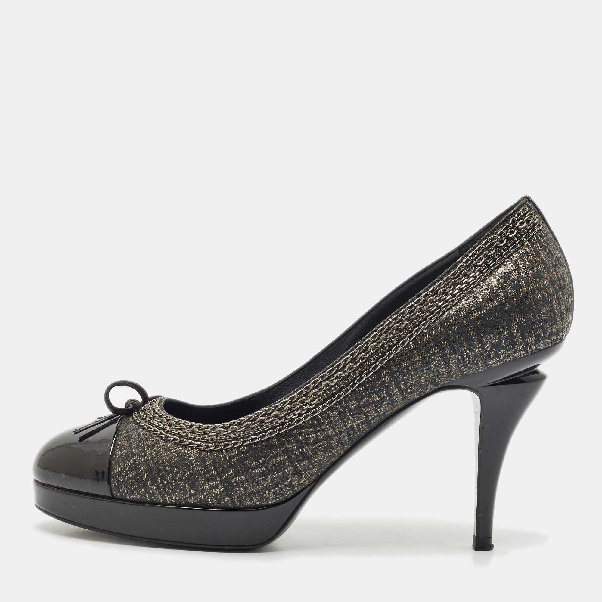 Chanel Black Lurex Fabric and Patent Leather Bow CC Cap Toe Chain Platform Pumps Size 38.5, Pumps - Luxury Closet catalog