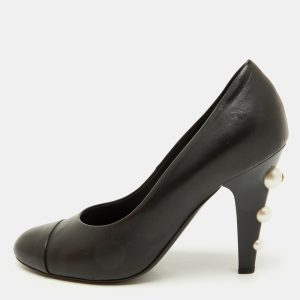 Chanel Black Leather Cap Toe CC Pearl Embellished Heels Pumps Size 39.5, Pumps - Luxury Closet catalog