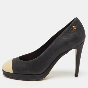 Chanel Black/Beige Nubuck Leather CC Cap Toe Platform Pumps Size 37.5, Pumps - Luxury Closet catalog
