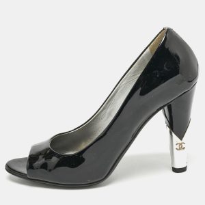 Chanel Black  Patent Leather CC Pearl Embellished Peep Toe Pumps Size 38.5, Pumps - Luxury Closet catalog