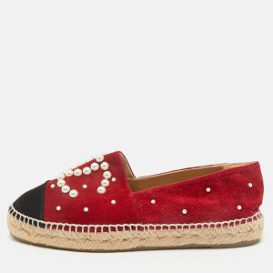 Chanel Red/Black Suede Faux Pearl CC Cap Toe Espadrille Flats Size 36, Flats - Luxury Closet catalog