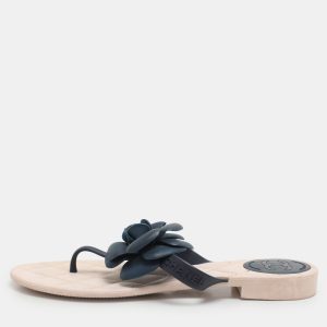 Chanel Navy Blue/Beige Rubber Camellia Thong Flats Size 37, Flats - Luxury Closet catalog