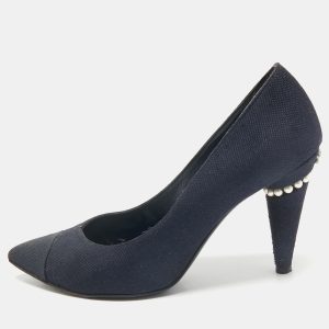 Chanel Navy Blue Canvas Embellished Pointed Toe Pumps Size 38, Pumps - Luxury Closet catalog