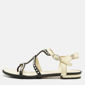 Chanel Black/Beige Leather Faux Pearl Embellished Flat Sandals Size 36, Sandals - Luxury Closet catalog