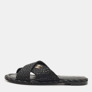 Chanel Black Glitter Fabric Crisscross CC Flat Slide Flats Size 35, Sandals - Luxury Closet catalog