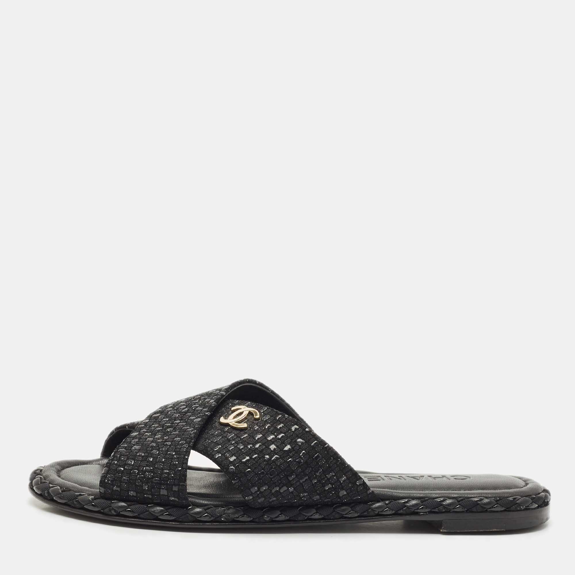 Chanel Black Glitter Fabric Crisscross CC Flat Slide Flats Size 35, Sandals - Luxury Closet catalog