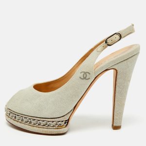 Chanel Grey Canvas Peep Toe Slingback Platform Sandals Size 37.5, Sandals - Luxury Closet catalog