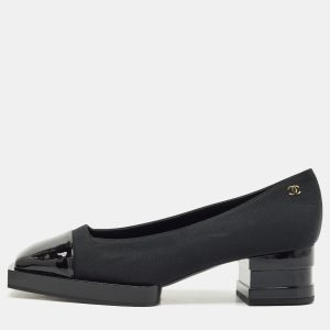 Chanel Black Patent Leather and Canvas Square Cap Toe CC Block Heel Pumps Size 38, Pumps - Luxury Closet catalog