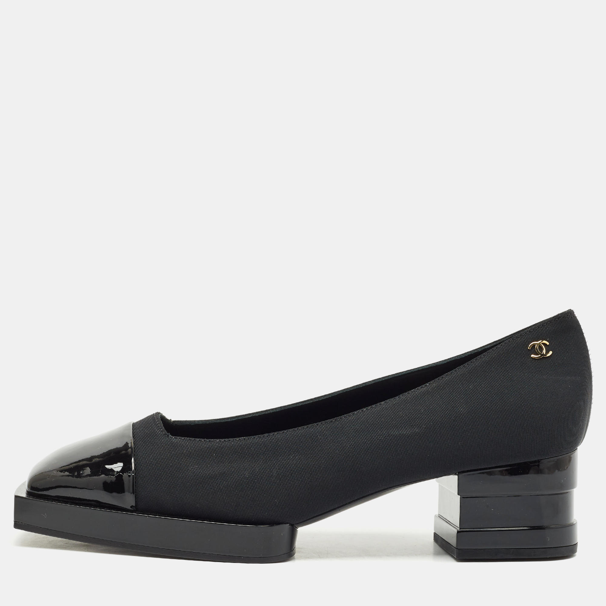 Chanel Black Patent Leather and Canvas Square Cap Toe CC Block Heel Pumps Size 38, Pumps - Luxury Closet catalog