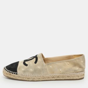 Chanel Beige/Black Suede CC Cap Toe Embellished Espadrille Flats Size 41, Flats - Luxury Closet catalog