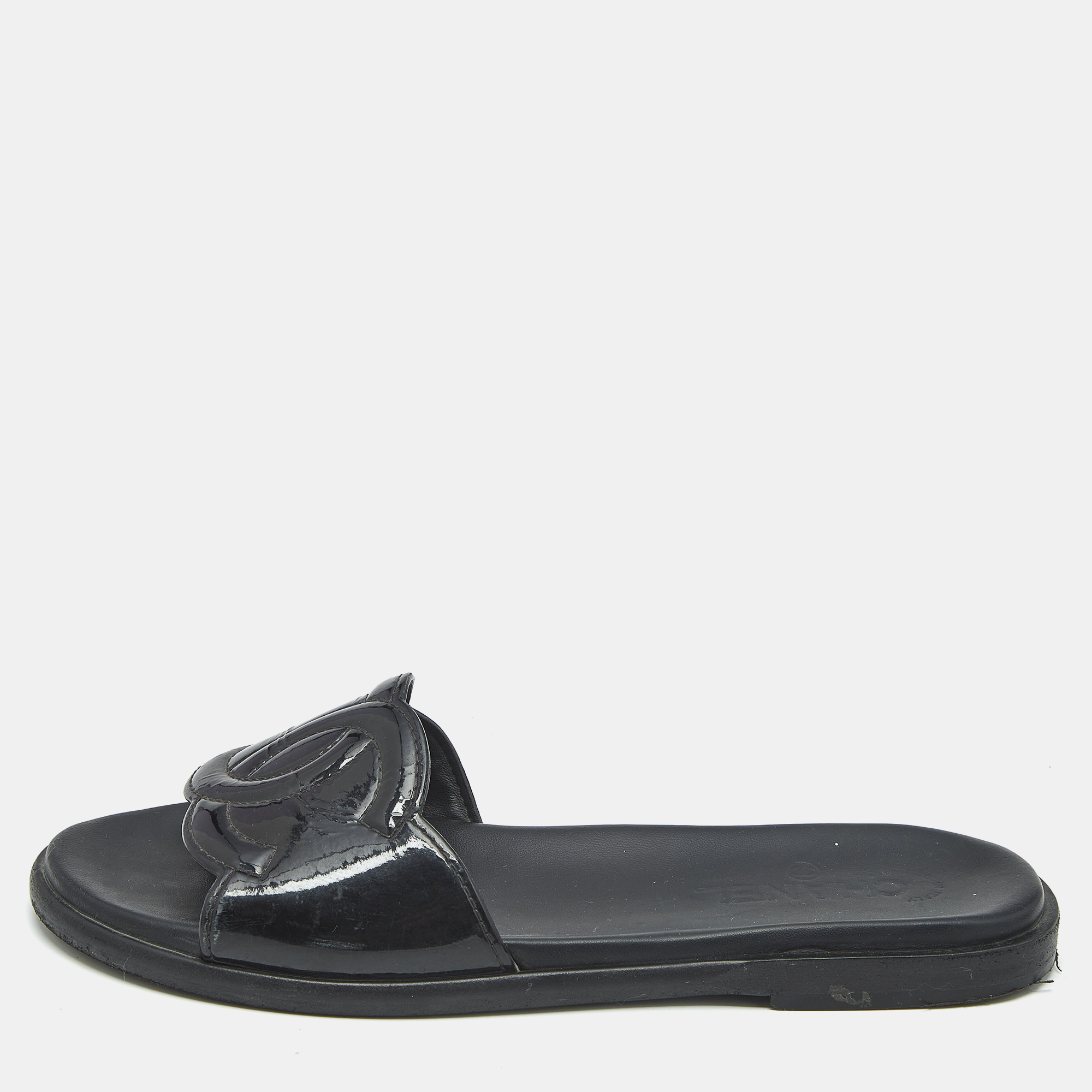 Chanel Black Patent Leather CC Flat Slides Size 40, Sandals - Luxury Closet catalog