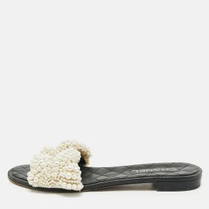 Chanel Black Leather Pearl Embellished Flat Slides Size 40, Flats - Luxury Closet catalog