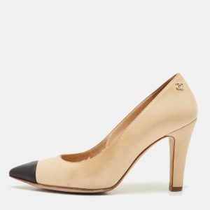 Chanel Beige/Black Leather Pointed Toe Pumps Size 36.5, Pumps - Luxury Closet catalog