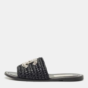 Chanel Black Woven Raffia CC Crystals Flat Slides Size 39.5, Flats - Luxury Closet catalog