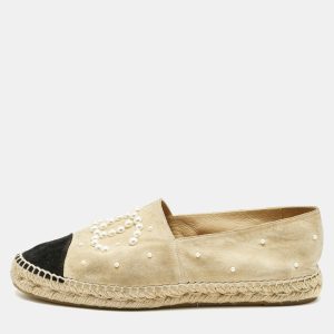 Chanel Beige/Black Suede CC Cap Toe Faux Pearl Embellished Espadrilles Flats Size 41, Flats - Luxury Closet catalog