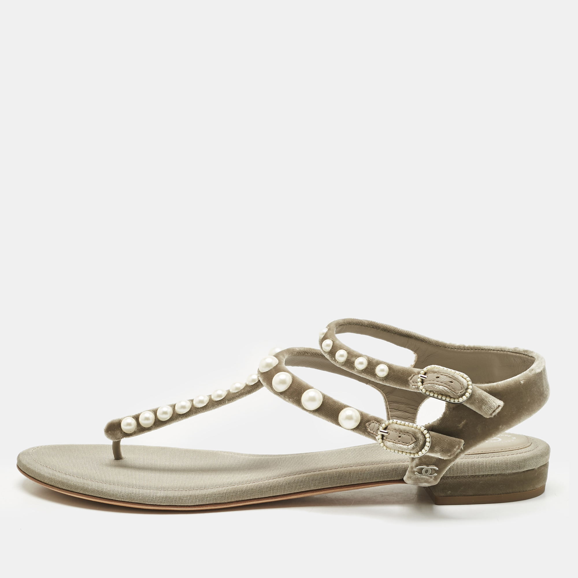 Chanel Grey Velvet Pear Embellished Thong Sandals Size 40, Sandals - Luxury Closet catalog