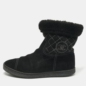 Chanel  Black Suede And Fur Chain Detail Ankle Boots Size 38, Boots - Luxury Closet catalog